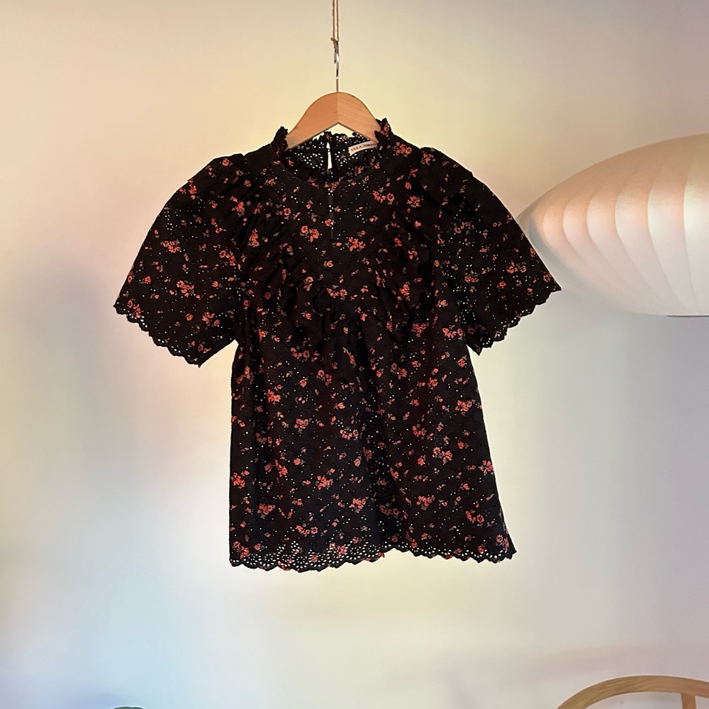 Ulla Johnson Black Floral Eyelet Blouse with Pink Flowers